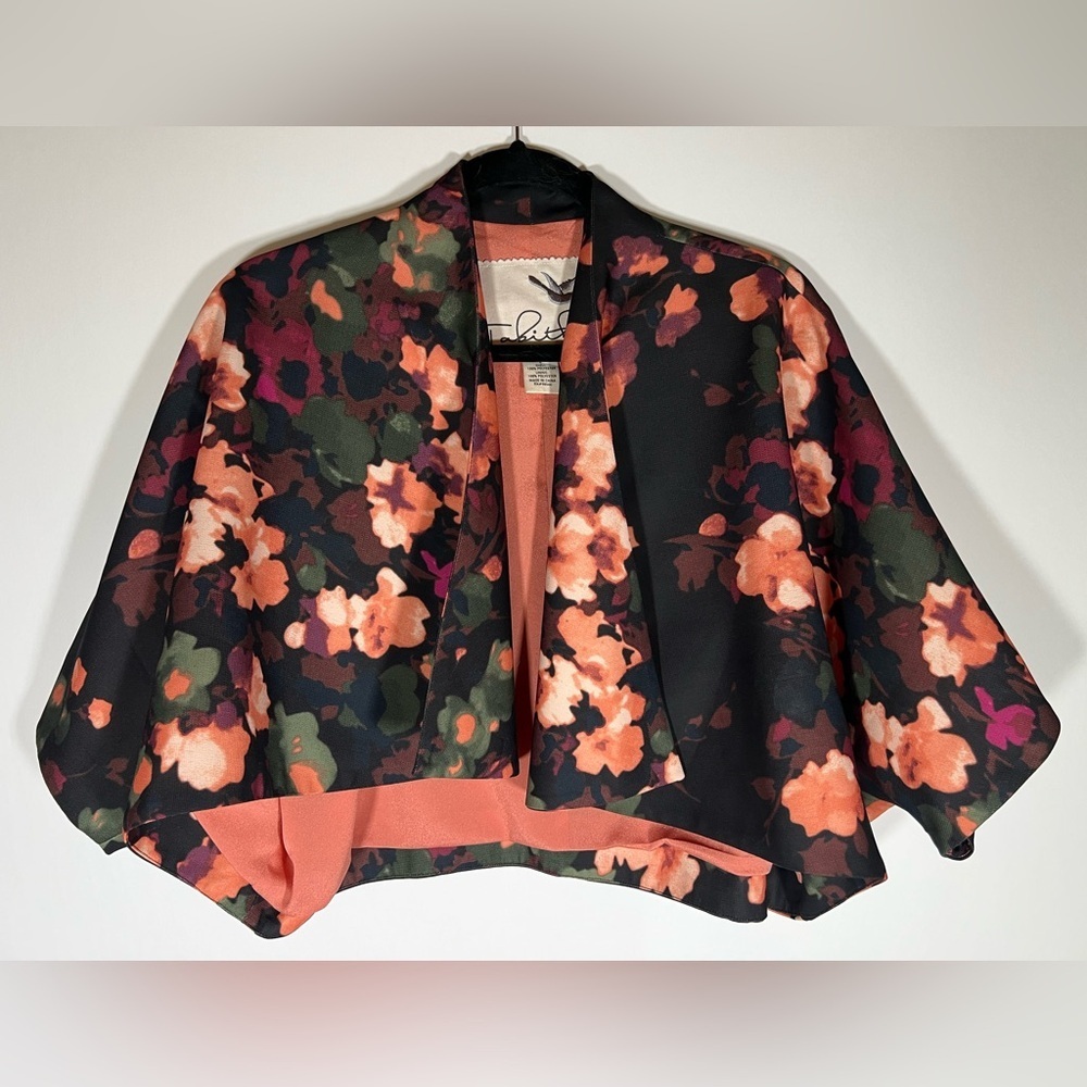 Tabitha Floral Cropped Cape Jacket in Black and Coral